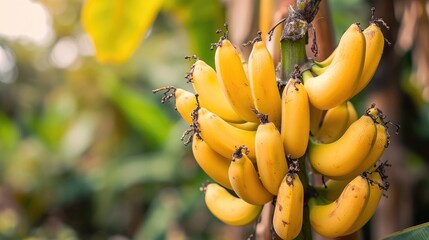 Banana tree with bunch of growing ripe yellow bananas, plantation rain-forest background