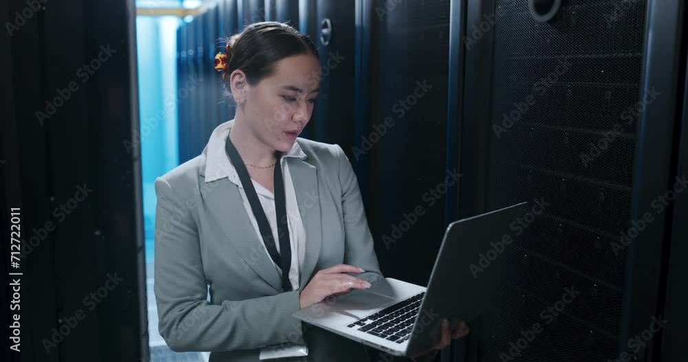 Poster Business woman, data center and laptop for system maintenance, hardware or software backup in cybersecurity. Technician on computer for cloud computing and coding inspection in a server room at night