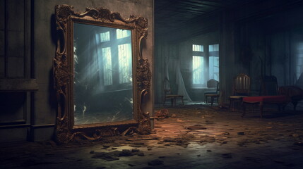 abandoned children's room with a large mirror - obrazy, fototapety, plakaty