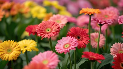 gerbera daisies, forming a stunning and cheerful floral background generative ai