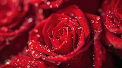 Close up of red roses and water drops.