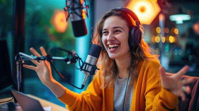 Content creator woman host streaming her a podcast on laptop with headphones and microphone interview cheering guest conversation at broadcast studio. Blogger motivation recording voice over radio.