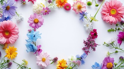 Fototapeta na wymiar Flowers composition. Wreath made of various colorful flowers on white background. Easter, spring, summer concept. Flat lay, top view, copy space