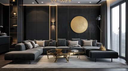 A luxurious living room with black walls, gold trimmings, and modern furnishings.