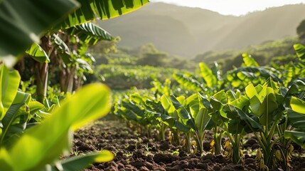 Lush farm field with thriving bananas and foliage, eco-friendly agriculture. Located in Tenerife, Canary Islands, open for tourists