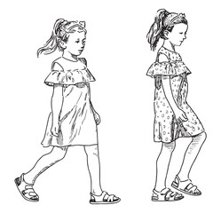Contour hand drawing of two cute little girl in smart dresses striding outdoors on  summer day, vector illustration isolated on white - 712722492