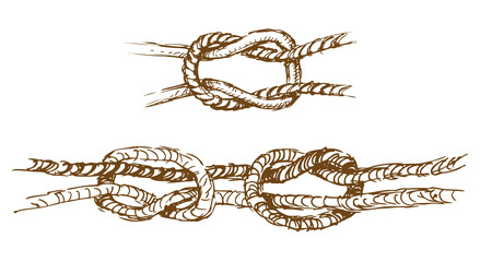 Hand drawings of rigging rope tied in various sea knots, illustration isolated on white - 712722499
