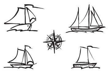 Set of contour hand drawings various sailing boats isolated on white
