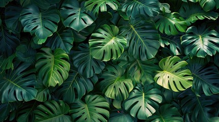 Monstera wall. Tropical green leaves, floral pattern background