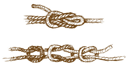 Sketches rigging rope tied in various sea knots, hand drawings isolated on white