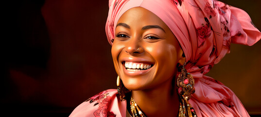 Close up portrait of happy smiling African woman with pink traditional turban on her head, Beautiful dark-skinned model with Emotional facial expression. - obrazy, fototapety, plakaty