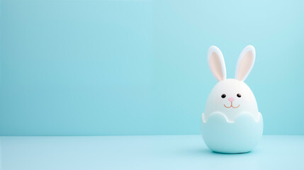 Cute toy white bunny on pastel blue background with place for text. Happy easter card.