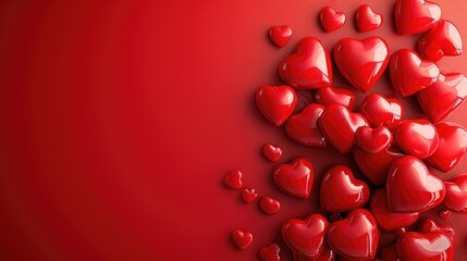 Valentine day background with red hearts, top view . copy space