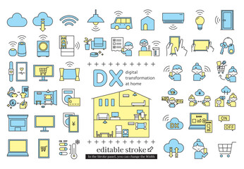 DX　家庭・暮らしののデジタルトランスフォーメーションのアイコンセット (編集可能なストローク)