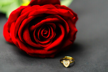rossa rossa su sfondo scuro con un anello a forma di cuore davanti a san valentino