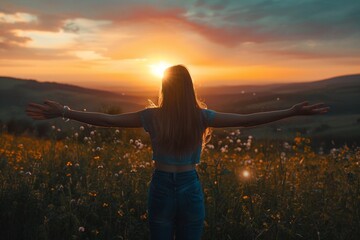 Happy woman standing with her back on sunset in nature iwith open hands. - obrazy, fototapety, plakaty