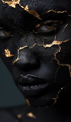 Woman with black and gold body paint. Cheerful young african girl with art bodypaint. An amazing model with yellow makeup. Closeup face.