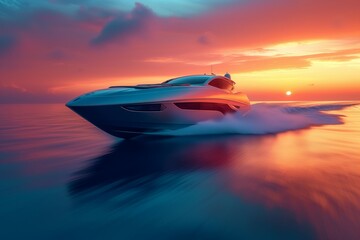 powerboat gracefully speeding through the ocean, with the vibrant colors of the sunset creating a breathtaking backdrop. Generative ai