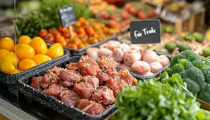 An assortment of fresh vegetables and meat on the supermarket counter, the inscription on the necklace "fair trade" Concept: purchase and delivery of food products.
