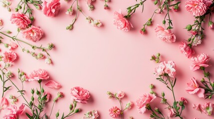 Spring flowers. Pink flowers on white wooden background. Flat lay, top view, copy space