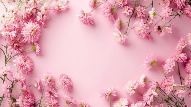 Frame of white branches with leaves and flowers on a pink background