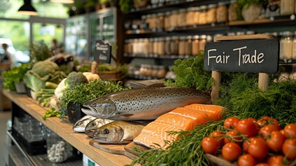 Fresh fish on ice in a grocery store on the counter, the inscription on the necklace "fair trade" Concept: purchase and delivery of food products.
