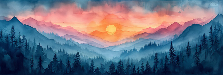 Aquarelle painting of a beautiful deep landscape with vivid sunset. Banner image.