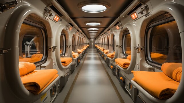 Modern capsule hotel interior with functional design, cozy sleeping pods, urban concept.
