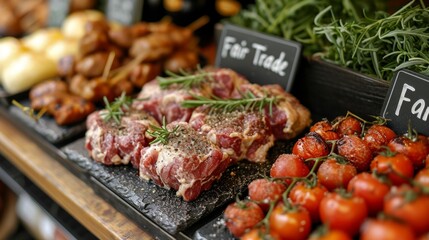 Steaks and meat products on a counter with a Fair Trade sign, next to tomatoes and sprigs of rosemary