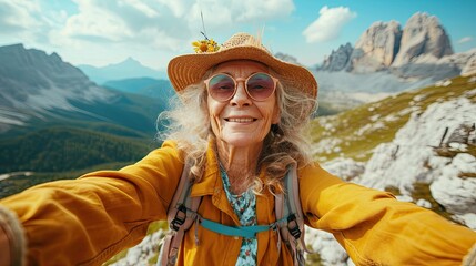 Happy older woman hiking and takes a photo selfie with the phone. - obrazy, fototapety, plakaty