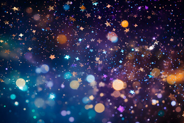 Light abstract glowing bokeh light. Shining star, sun particles and sparks with lens flare effect on black background. Sparkling magical dust particles. Christmas concept. Generative AI