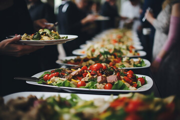Catering buffet food indoor in luxury restaurant with meat and vegetables