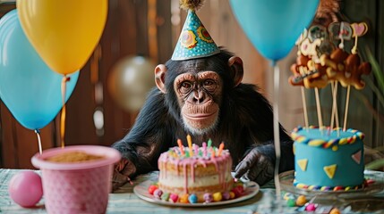 Chimpanzee celbrating a happy birthday party.