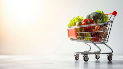 Generative AI, shopping cart with vegetables and fruit inside, healthy food concept, discount and sale.