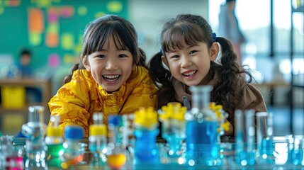 Portrait of two smiling children enjoying doing scientific experiments.