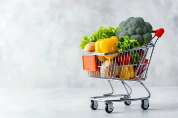Generative AI, shopping cart with vegetables and fruit inside, healthy food concept, discount and sale.
