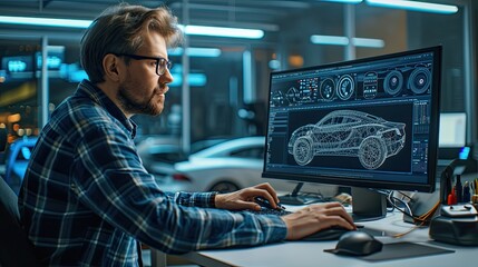 Man as a car designer engineer working with the computer.