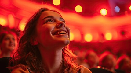 Happy young woman having fun in theater.