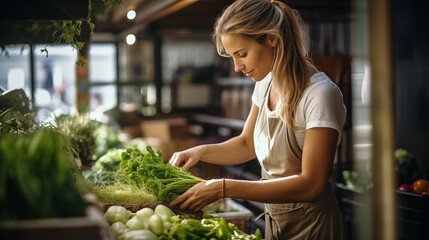 Obraz premium A saleswoman at the market sorts out fruits and vegetables. Shopping in eco-packaging