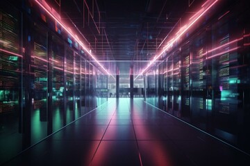 An image of a server center with interconnected servers and data displayed through neon lights in glass shelves inside a spacious room with cloud computing technology. Generative AI