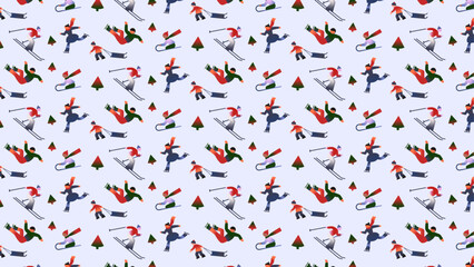 Seamless pattern with people doing winter sports - skiing, sleighing, and skating