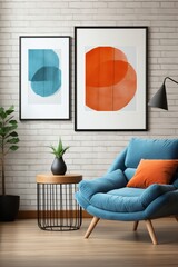 Blue and orange abstract paintings in a living room