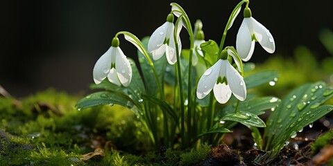 Obraz premium A dew drop on a snowdrop petals in spring