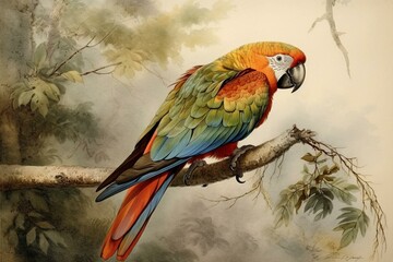 Painting of parrot on branch. Generative AI