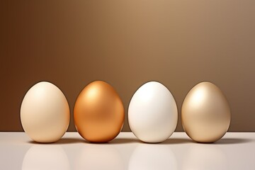 Easter presentation. Four eggs in a row on brown background. White and golden chicken eggs. Festive composition.