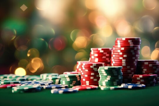 Green and red casino chips. Chips on a green table on a bokeh background. Columns of chips. Elements of gambling games. Gambling coins in casino. Excitement. Roulette. Luck.