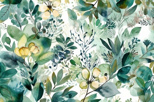 Artful summer wallpaper with a lovely leaf and floral pattern on fabric. Generative AI