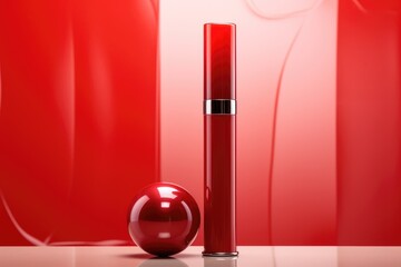 A red case for cosmetics on red background. Presentation of mascara. Bright lipstick. Lip balm. Cosmetic products. The sphere of beauty.
