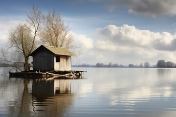 Obraz premium Small House Resting on Calm Waters, A Tranquil Retreat for Serene Living, copy space