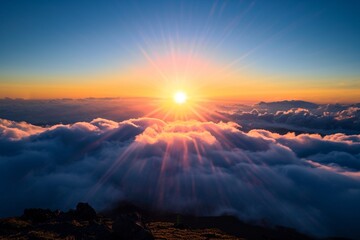 Panorama sunrise from the top of the mount Fuji. The sun is shining strong from the horizon over all the clouds and under the blue sky. good New year new life new beginning. Abstract nature background - obrazy, fototapety, plakaty